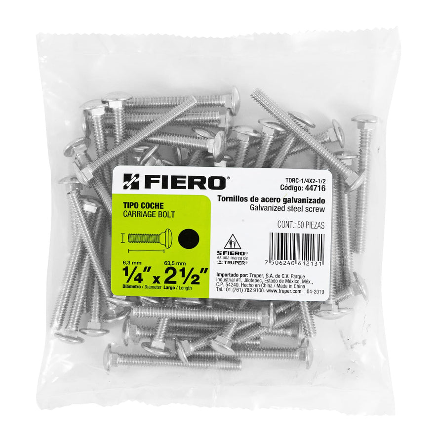 Bolsa con 50 tornillos 1/4' x 2-1/2' tipo coche, Fiero Caja con 6, 44716