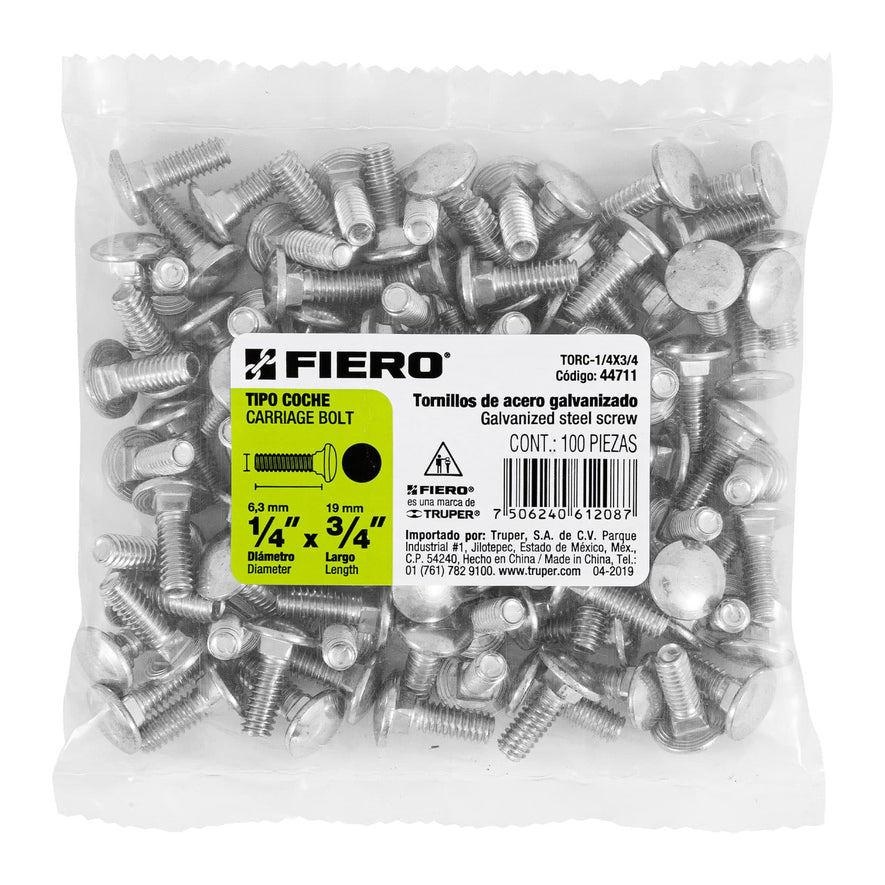 Bolsa con 100 tornillos 1/4' x 3/4' tipo coche, Fiero Caja con 6, 44711
