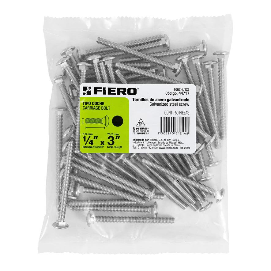 Bolsa con 50 tornillos 1/4' x 3' tipo coche, Fiero Caja con 6, 44717