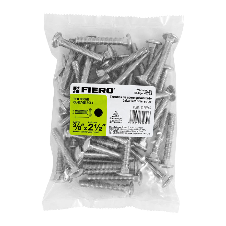 Bolsa con 50 tornillos 3/8' x 2-1/2' tipo coche, Fiero Caja con 3, 44733