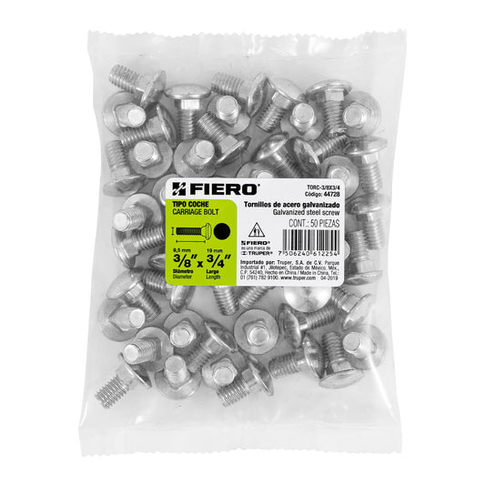 Bolsa con 50 tornillos 3/8' x 3/4' tipo coche, Fiero Caja con 6, 44728