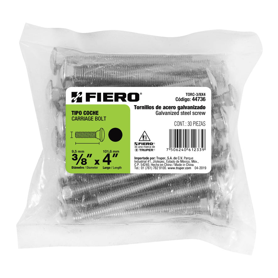 Bolsa con 30 tornillos 3/8' x 4' tipo coche, Fiero Caja con 3, 44736
