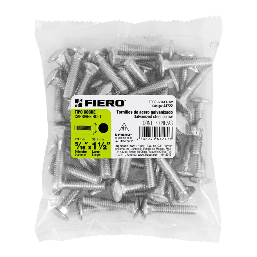 Bolsa con 50 tornillos 5/16' x 1-1/2' tipo coche, Fiero Caja con 6, 44722