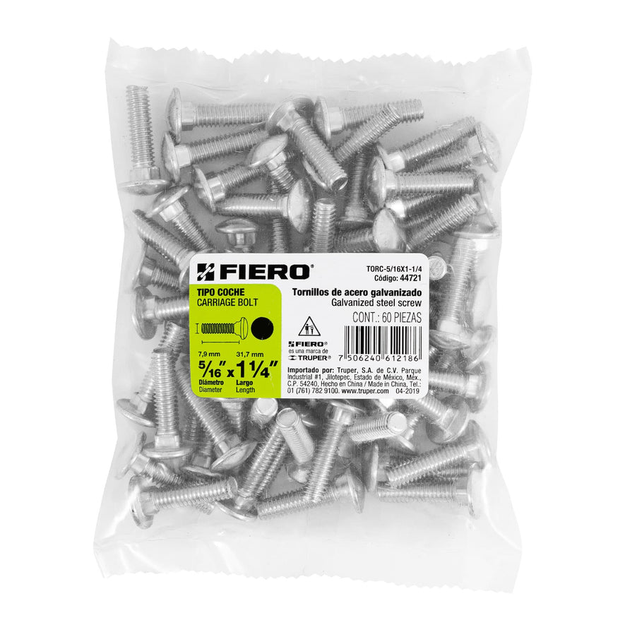 Bolsa con 60 tornillos 5/16' x 1-1/4' tipo coche, Fiero Caja con 6, 44721