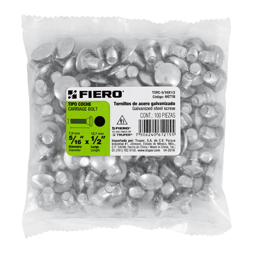 Bolsa con 100 tornillos 5/16' x 1/2' tipo coche, Fiero Caja con 6, 44718