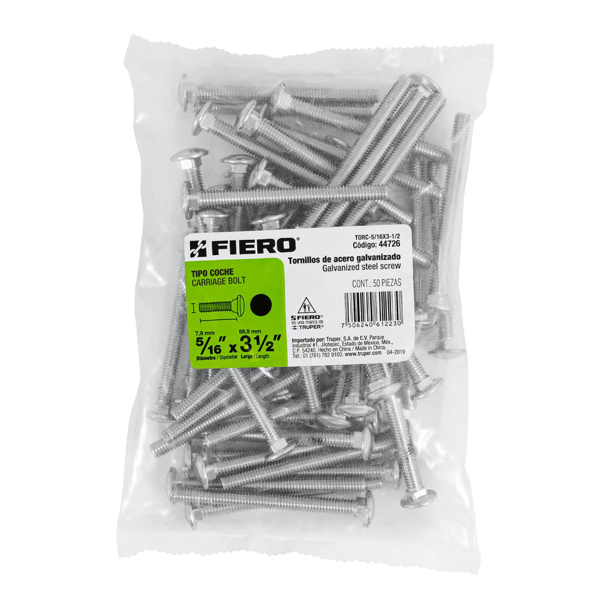 Bolsa con 50 tornillos 5/16' x 3-1/2' tipo coche, Fiero Caja con 3, 44726