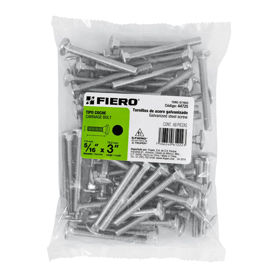 Bolsa con 60 tornillos 5/16' x 3' tipo coche, Fiero Caja con 3, 44725