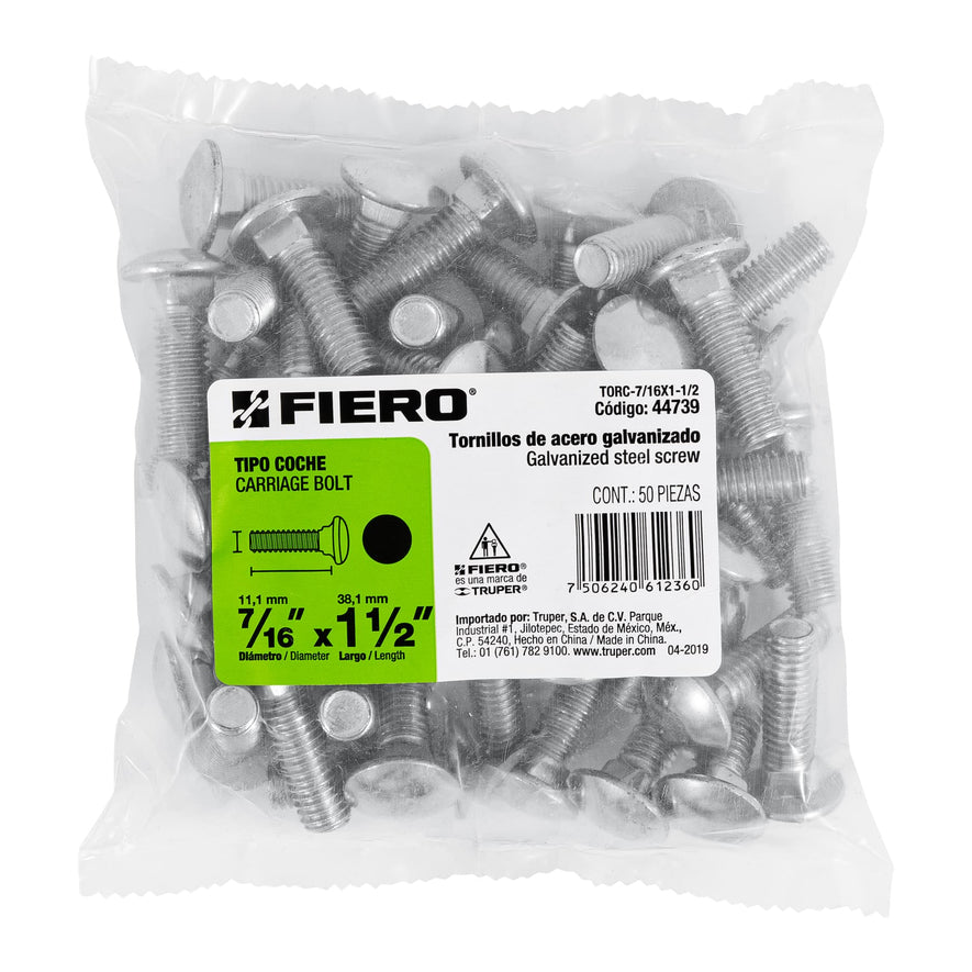 Bolsa con 50 tornillos 7/16' x 1-1/2' tipo coche, Fiero Caja con 3, 44739