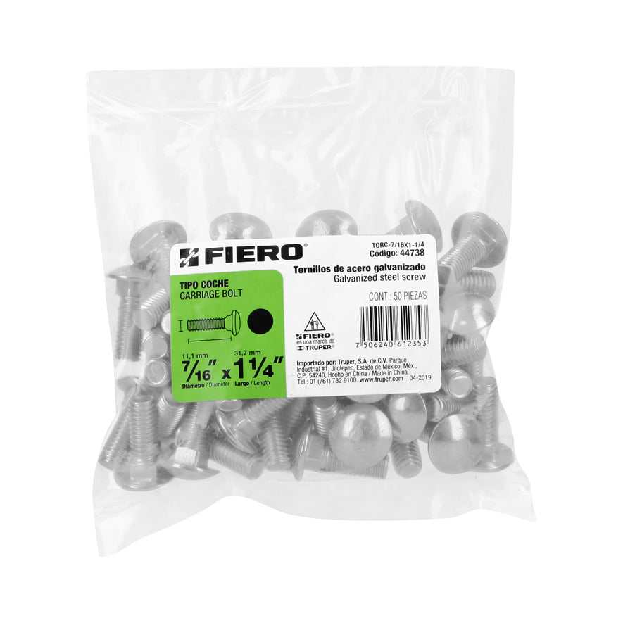 Bolsa con 50 tornillos 7/16' x 1-1/4' tipo coche, Fiero Caja con 3, 44738