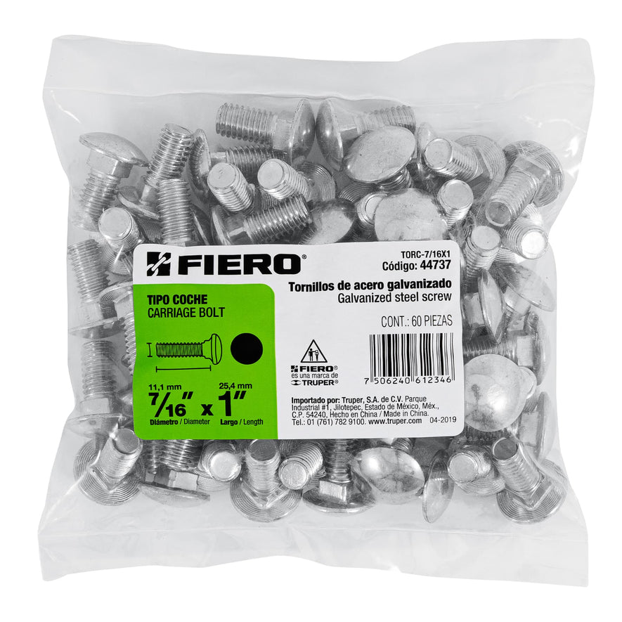 Bolsa con 60 tornillos 7/16' x 1' tipo coche, Fiero Caja con 3, 44737