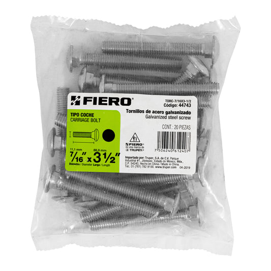 Bolsa con 20 tornillos 7/16' x 3-1/2' tipo coche, Fiero Caja con 3, 44743