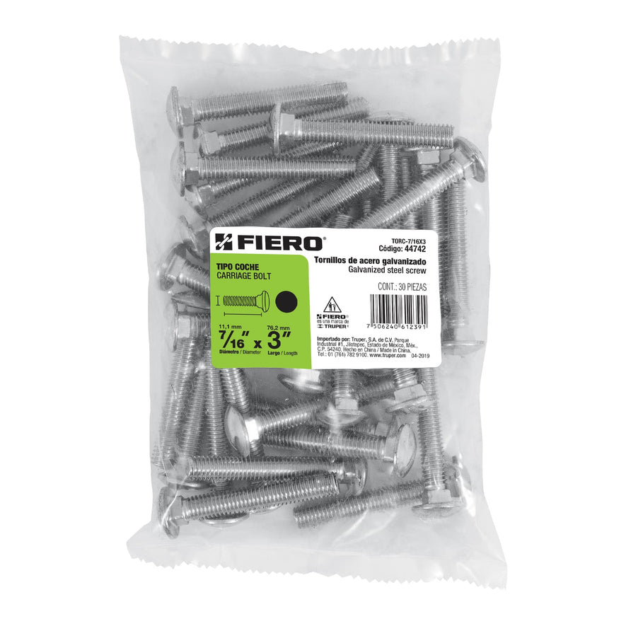 Bolsa con 30 tornillos 7/16' x 3' tipo coche, Fiero Caja con 3, 44742