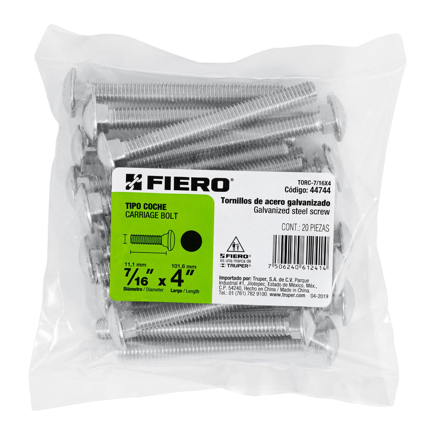 Bolsa con 20 tornillos 7/16' x 4' tipo coche, Fiero Caja con 3, 44744