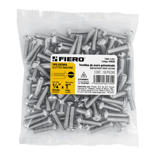 Bolsa con 100 tornillos 1/4 'x 1' tipo estufa, Fiero Caja con 6, 44626