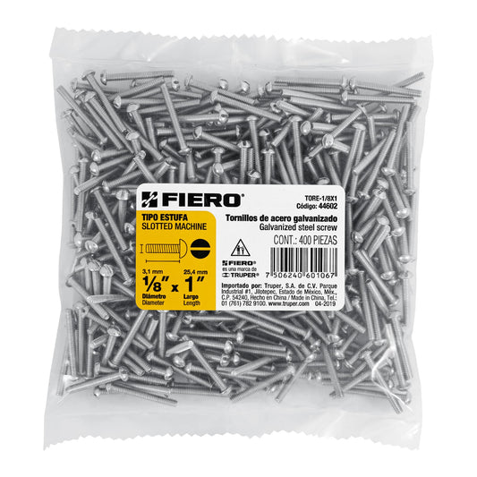 Bolsa con 400 tornillos 1/8' x 1' tipo estufa, Fiero Caja con 6, 44602