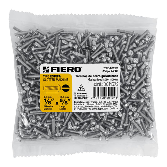 Bolsa con 600 tornillos 1/8' x 5/8' tipo estufa, Fiero Caja con 6, 44600