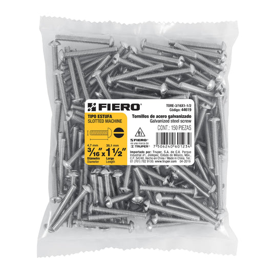 Bolsa con 150 tornillos 3/16' x 1-1/2' tipo estufa, Fiero Caja con 6, 44619