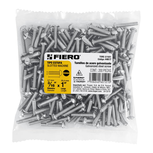 Bolsa con 200 tornillos 3/16' x 1' tipo estufa, Fiero Caja con 6, 44617