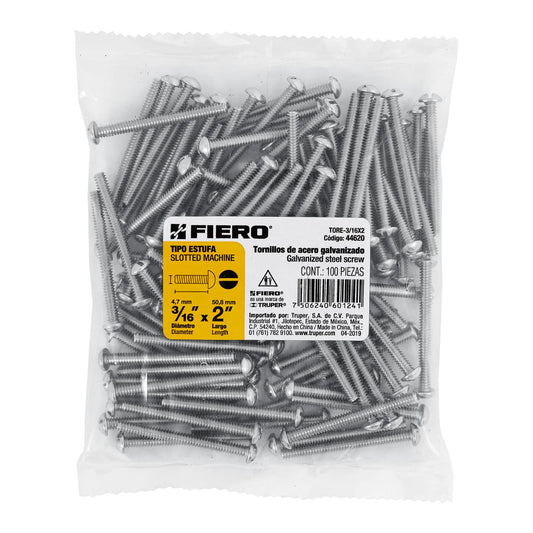 Bolsa con 100 tornillos 3/16' x 2' tipo estufa, Fiero Caja con 6, 44620