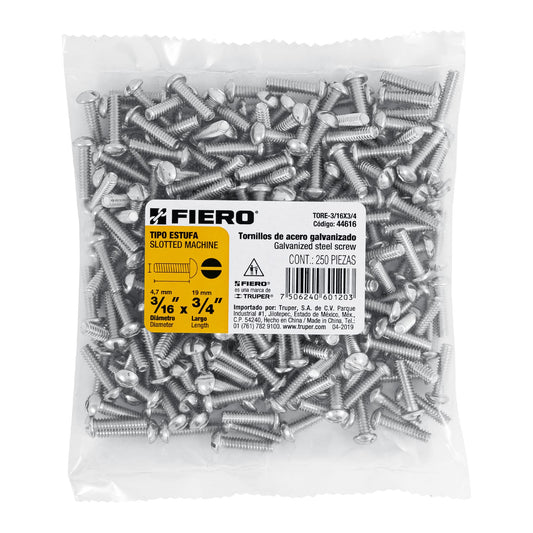 Bolsa con 250 tornillos 3/16' x 3/4' tipo estufa, Fiero Caja con 6, 44616