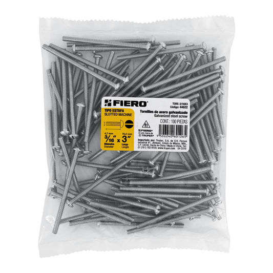 Bolsa con 100 tornillos 3/16' x 3' tipo estufa, Fiero Caja con 6, 44622