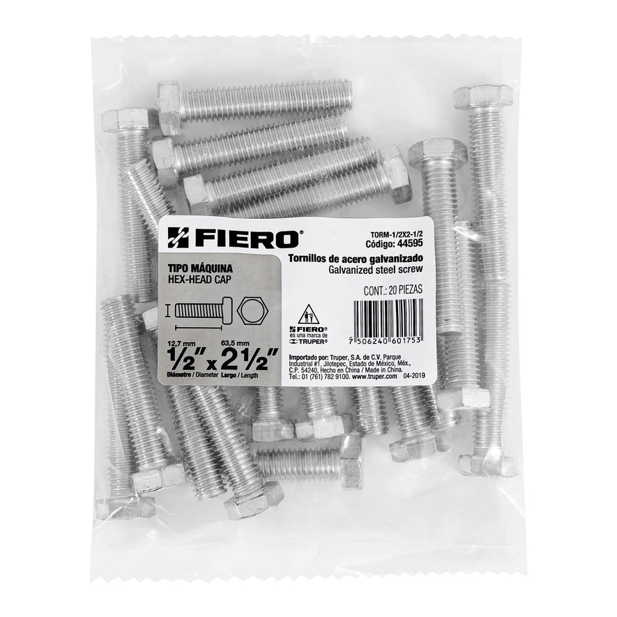 Bolsa con 20 tornillos 1/2' x 2-1/2' tipo máquina, FIERO Caja con 3, 44595