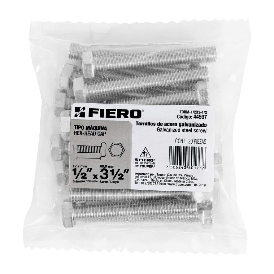 Bolsa con 20 tornillos 1/2' x 3-1/2' tipo máquina, FIERO Caja con 3, 44597