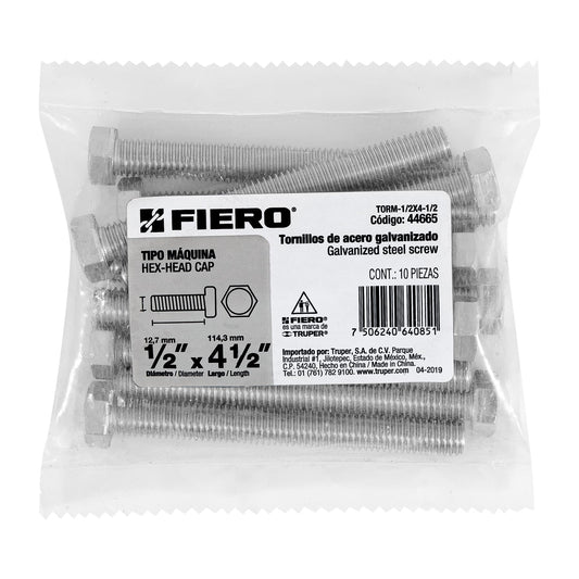 Bolsa con 10 tornillos 1/2' x 4-1/2' tipo máquina, FIERO, 44665