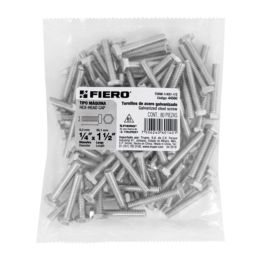 Bolsa con 80 tornillos 1/4' x 1-1/2' tipo máquina, FIERO Caja con 6, 44560
