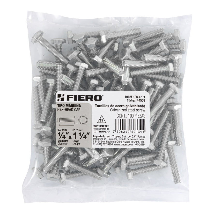 Bolsa con 100 tornillos 1/4' x 1-1/4' tipo máquina, FIERO Caja con 6, 44559