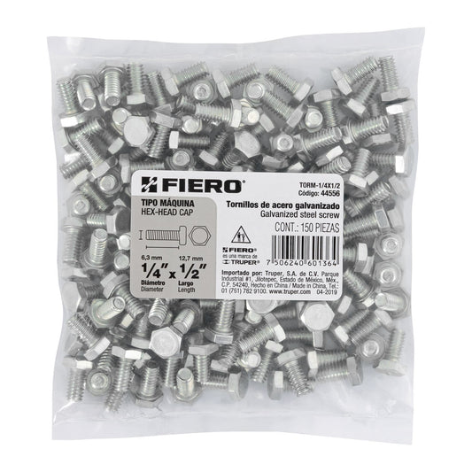 Bolsa con 150 tornillos 1/4' x 1/2' tipo máquina, FIERO Caja con 6, 44556