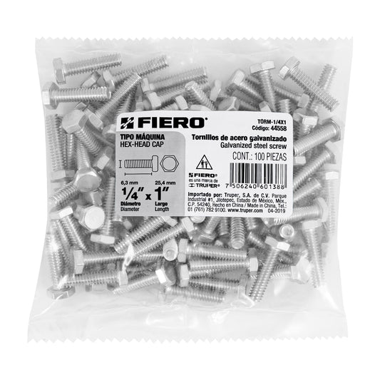 Bolsa con 100 tornillos 1/4' x 1' tipo máquina, FIERO Caja con 6, 44558