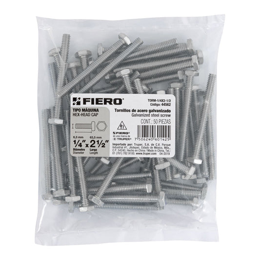 Bolsa con 50 tornillos 1/4' x 2-1/2' tipo máquina, FIERO Caja con 6, 44562