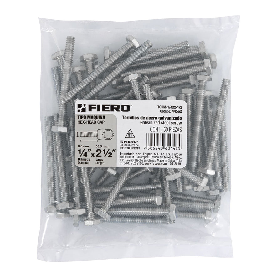 Bolsa con 50 tornillos 1/4' x 2-1/2' tipo máquina, FIERO Caja con 6, 44562