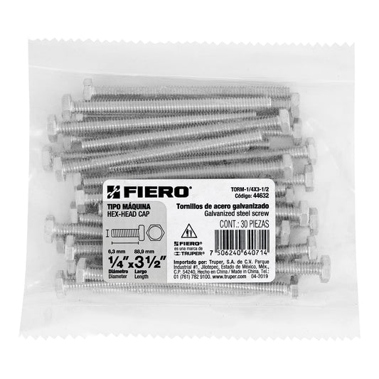 Bolsa con 30 tornillos 1/4' x 3-1/2' tipo máquina, FIERO Caja con 6, 44632