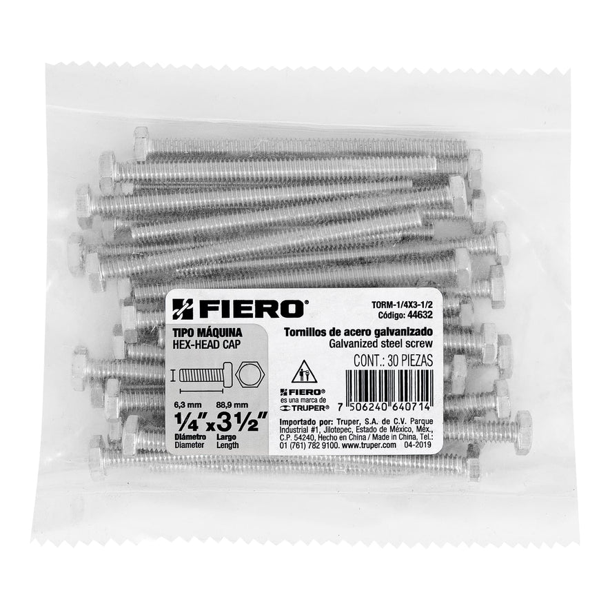 Bolsa con 30 tornillos 1/4' x 3-1/2' tipo máquina, FIERO Caja con 6, 44632