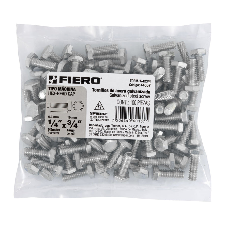 Bolsa con 100 tornillos 1/4' x 3/4' tipo máquina, FIERO Caja con 6, 44557
