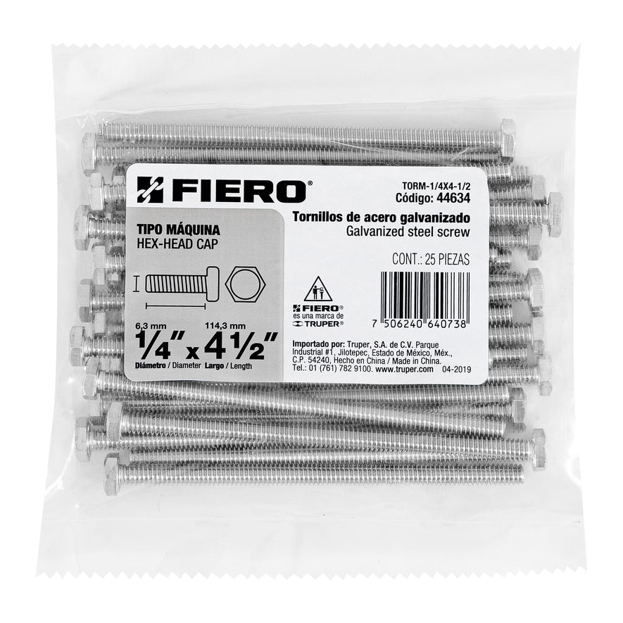 Bolsa con 25 tornillos 1/4' x 4-1/2' tipo máquina, FIERO Caja con 3, 44634