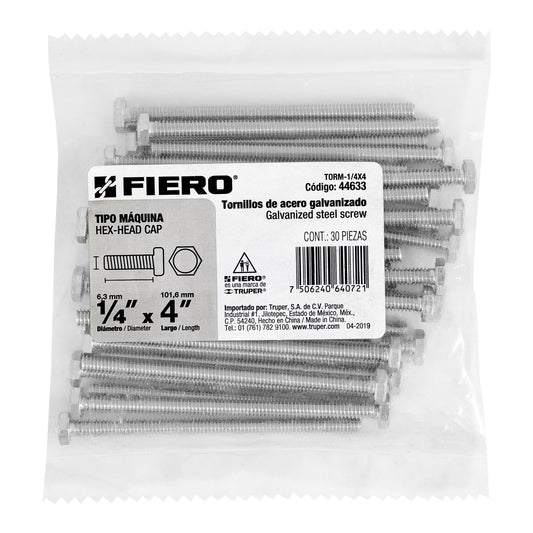 Bolsa con 30 tornillos 1/4' x 4' tipo máquina, FIERO Caja con 6, 44633