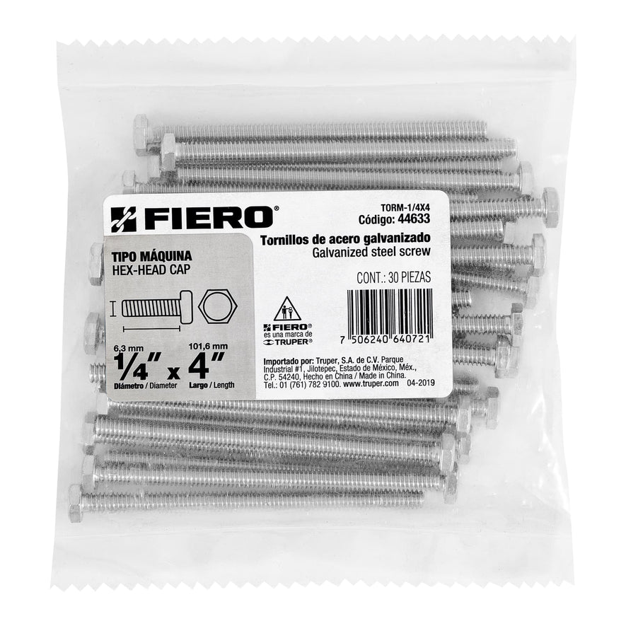 Bolsa con 30 tornillos 1/4' x 4' tipo máquina, FIERO Caja con 6, 44633