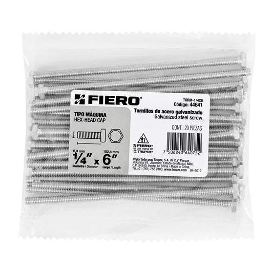 Bolsa con 20 tornillos 1/4' x 6' tipo máquina, FIERO Caja con 3, 44641