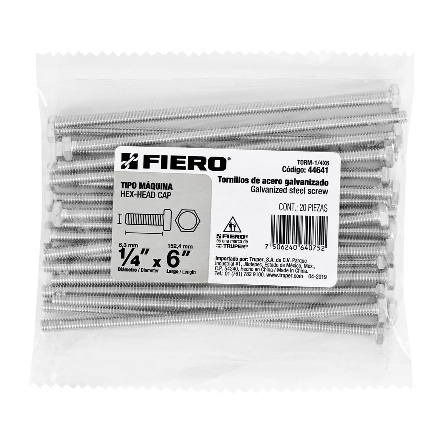 Bolsa con 20 tornillos 1/4' x 6' tipo máquina, FIERO Caja con 3, 44641