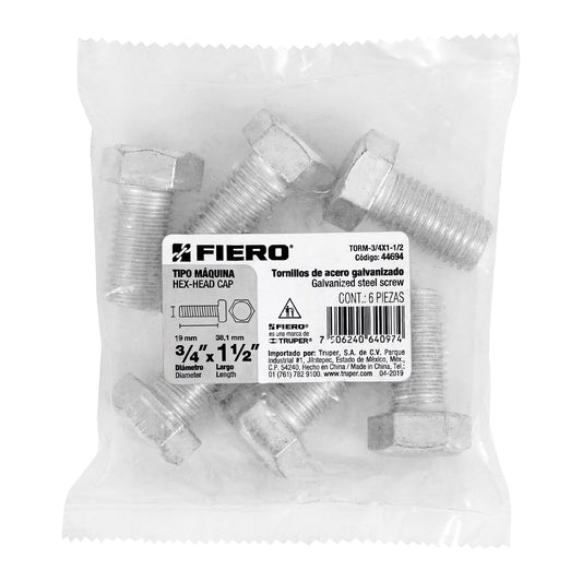 Bolsa con 6 tornillos 3/4' x 1-1/2' tipo máquina, FIERO, 44694
