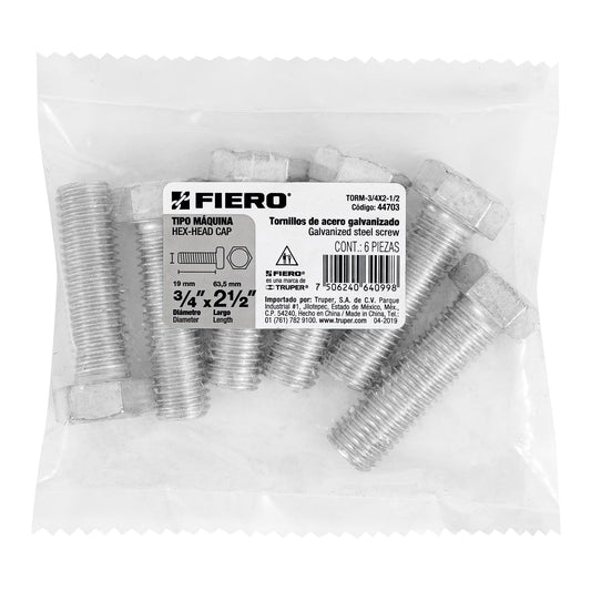 Bolsa con 6 tornillos 3/4' x 2-1/2' tipo máquina, FIERO, 44703