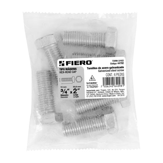 Bolsa con 6 tornillos 3/4' x 2' tipo máquina, FIERO, 44702