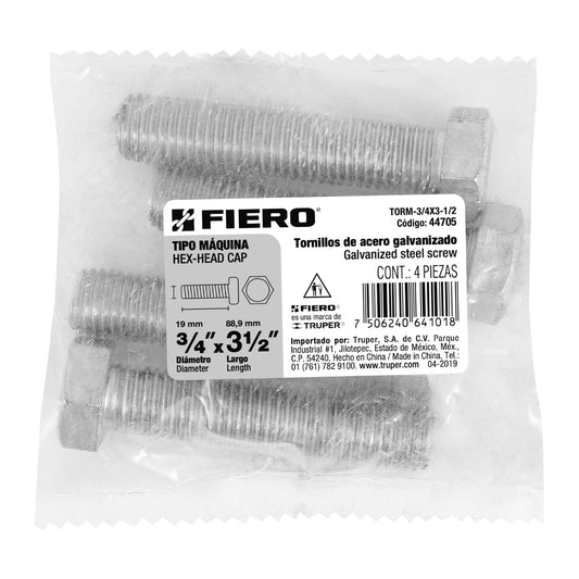 Bolsa con 4 tornillos 3/4' x 3-1/2' tipo máquina, FIERO, 44705