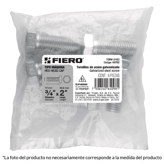 Bolsa con 4 tornillos 3/4' x 3' tipo máquina, FIERO, 44704