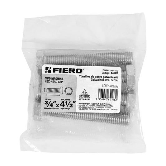 Bolsa con 4 tornillos 3/4' x 4-1/2' tipo máquina, FIERO, 44707