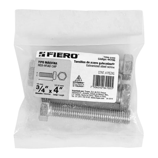Bolsa con 4 tornillos 3/4' x 4' tipo máquina, FIERO, 44706