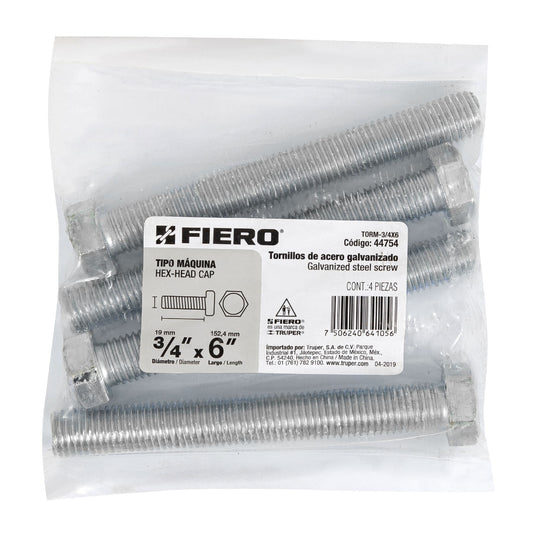 Bolsa con 4 tornillos 3/4' x 6' tipo máquina, FIERO, 44754